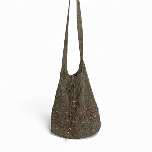 Bucket Bag Olive Crochet Shoulder Bag With Wooden Bead Details 31" Length - Picture 2 of 6